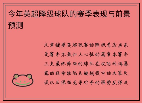 今年英超降级球队的赛季表现与前景预测