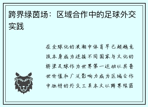 跨界绿茵场：区域合作中的足球外交实践
